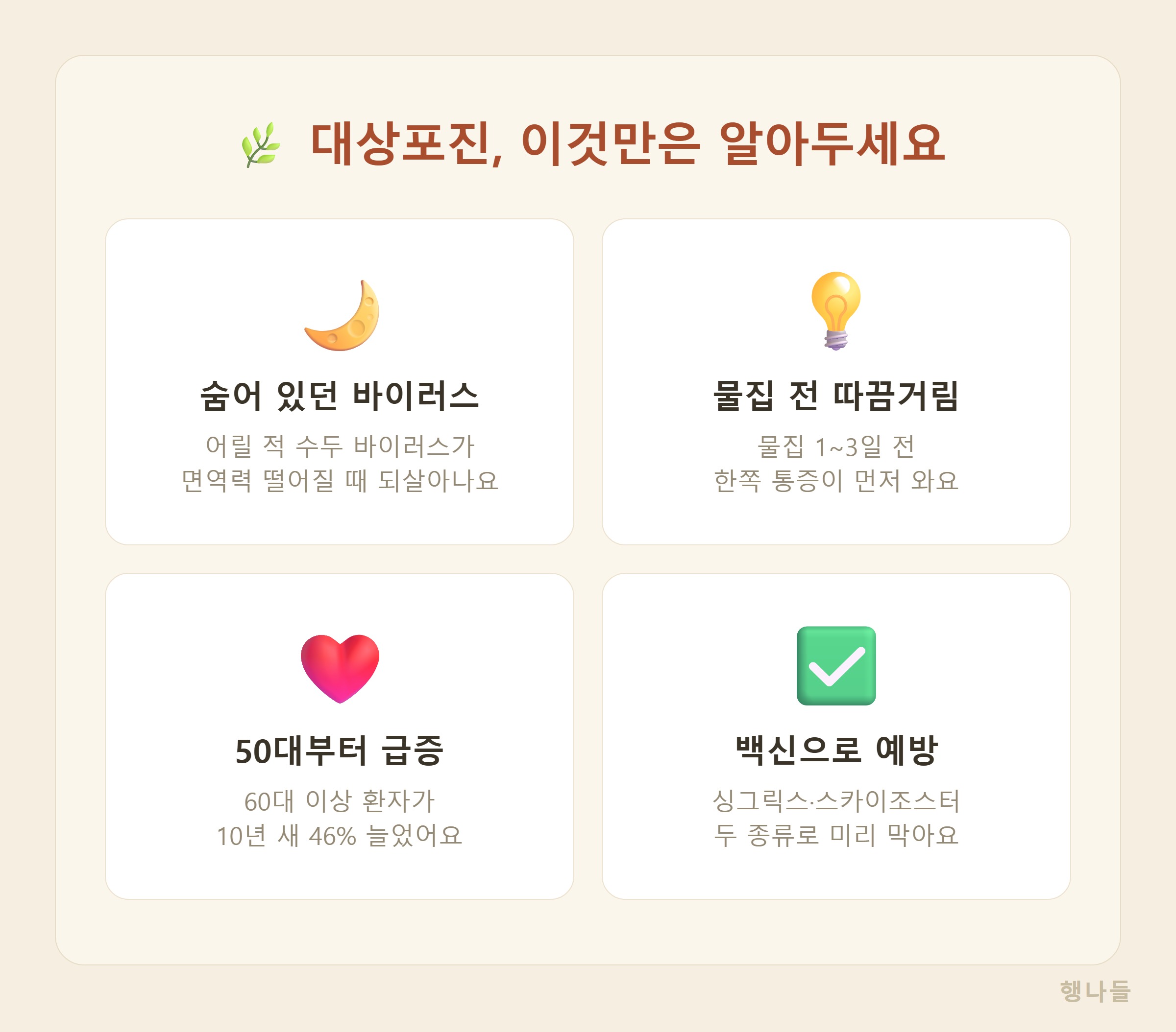 대상포진 초기증상과 예방접종 핵심 요약 - 물집 전 따끔거림 신호 50대 급증 백신 두 종류 국가지원