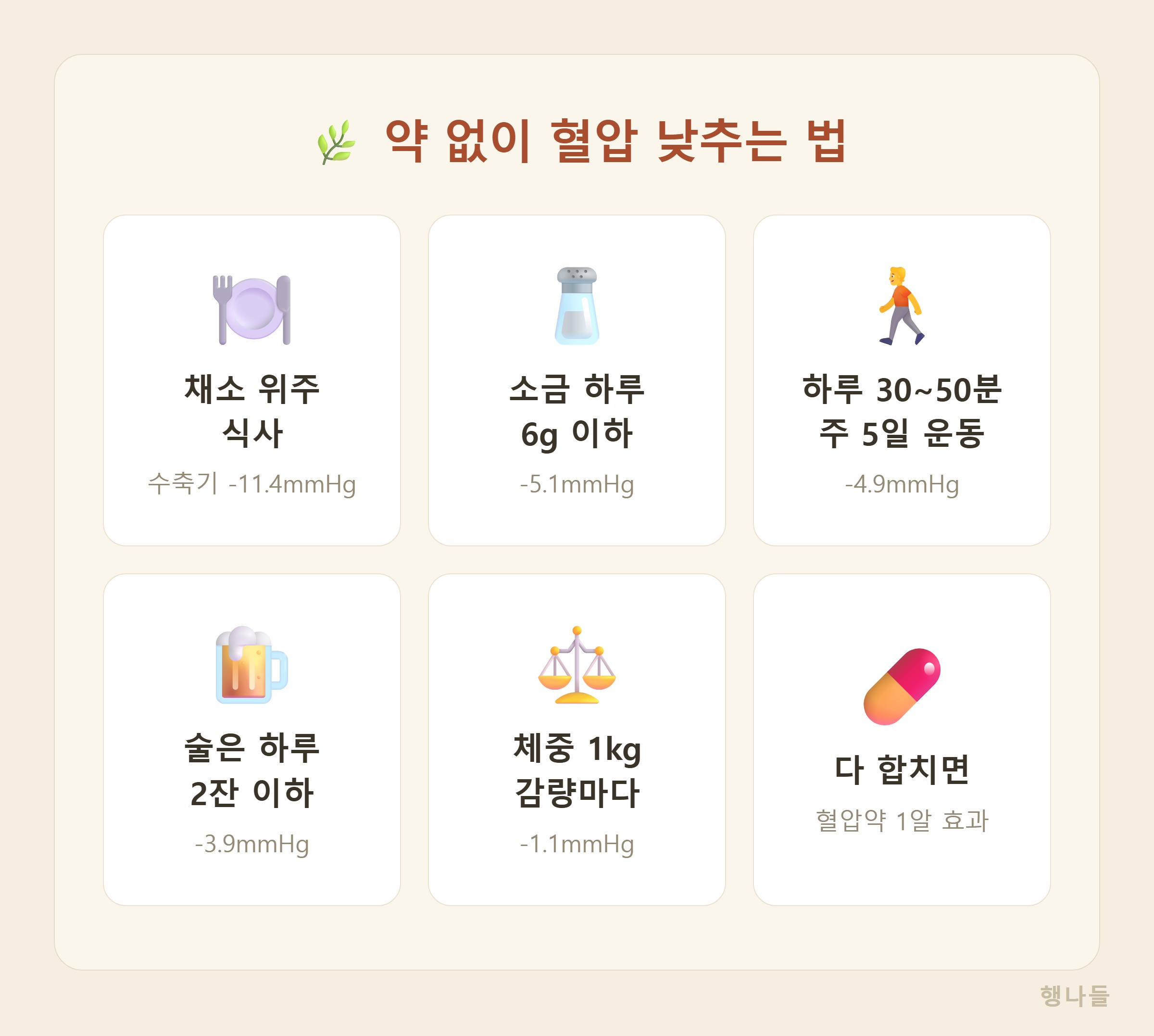 약 없이 혈압 낮추는 법 5가지 - 채소 위주 식사 소금 줄이기 운동 체중감량 절주 효과 수치